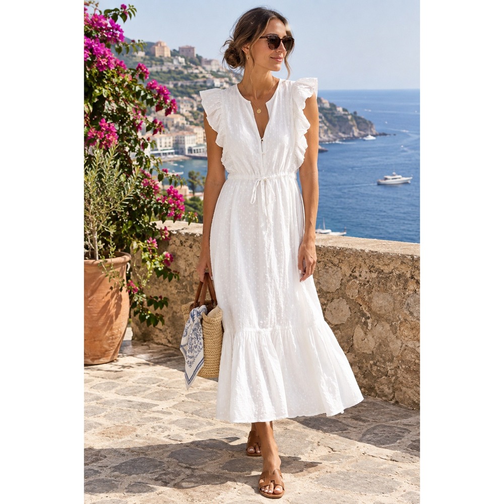 Emerson Fry India Collection Midi Dress Womens XS White Swiss Dot Ruffle Tiered